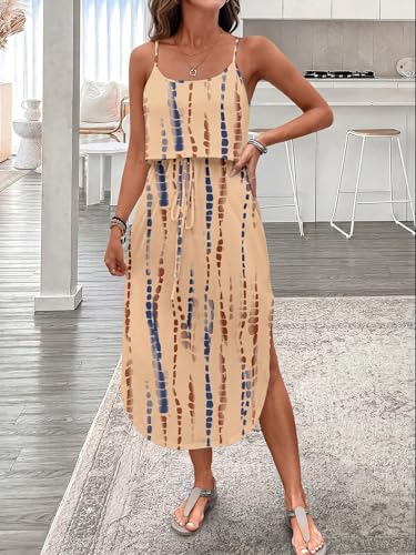 Image of RoseSeek Women's Spaghetti Strap Tie Dye Cami Sun Dress Beach Midi Summer Dresses Resort Wear Vacation Outfits