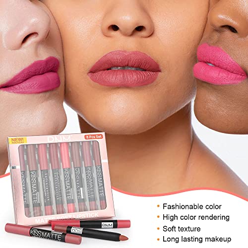 Evpct 8Pcs Nude Pink Beige Ruby Rose Red Brown Chestnut Mauve Matte Lipstick And Lip Crayon Liner Pencils Pen Set For Women Dnm Designer Lip Stick Set With Liner Labiales Mate 24 Horas Originales 01 #TOP4