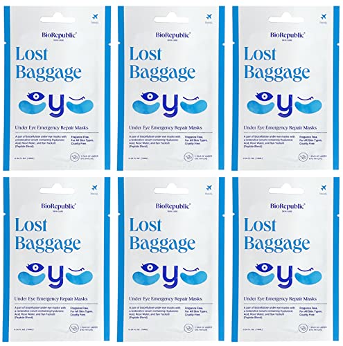 BioRepublic Skin Care Lost Baggage Biocellulose Under-Eye Emergency Repair Masks with Revitalizing Serum, for All Skin Types - 1 Pair, Pack of 6