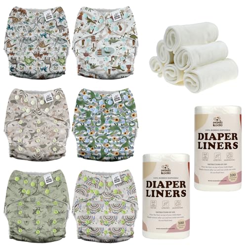 Image of Mama Koala 3.0 Baby Cloth Diapers with 6 Inserts Bundle(Cute Dinosaurs), with 2 Rolls Disposable Natural Liners