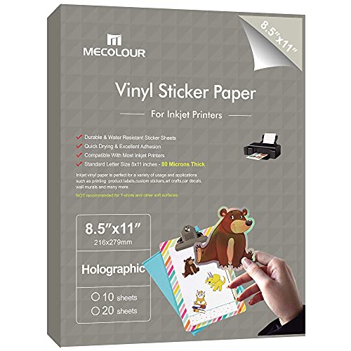 Mecolour Printable Holographic Sticker Paper 8.5'' * 11'' 20 Sheets Premium Rainbow Vinyl For Cricut Waterproof Dries Quickly Vivid Colors, Holds Ink Well- Tear Resistant For Inkjet & Laser Printer #TOP6