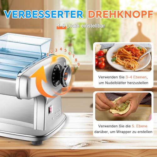 Zertylre Elektrische Nudelmaschine, 135W pastamaker aus Edelstahl, geeignet für die Herstellung von Spaghetti und Lasagne,mit 4 Klingenbreiten（2mm,2.5mm,4mm&9mm） und 9 Variable Teig-Stärken（0.5-5mm)