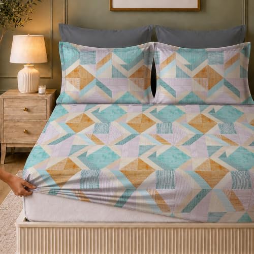 Image of LANE LINEN Symphony 100% Cotton 144TC King Bedsheet Set, 3 Piece, Printed | Printed 3-Piece Set With 1 King Fitted Bedsheet (1.83 x 1.98 M + 0.30D CM), 2 Pillow Covers, 144 TC, Soft & Breathable Cotton