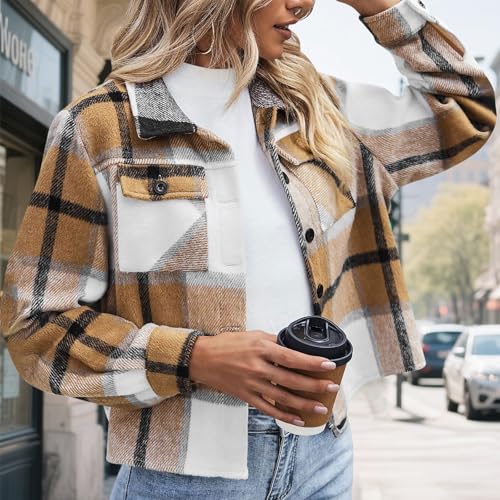 Shackets for Women 2025 Cropped Flannel Bomber Jacket Dressy Casual Fall Jackets Plaid Button Down Coats with Pockets2