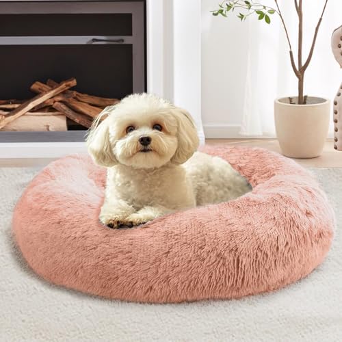 Image of JOLLYVOGUE Calming Dog Bed Medium Size Dog, Anti-Anxiety Donut Medium Pet Bed, 27 inches Fluffy Faux Fur Round Cat Bed (Peach Pink)