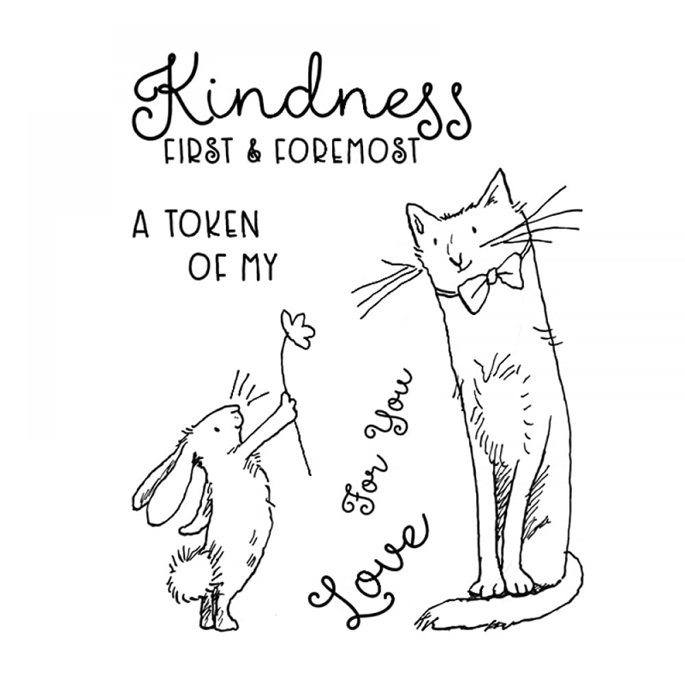 Rabbit Giving Flower to the Cats Kindness First &amp; Foremost Alphabets Dies and Stamp for Card Making DIY Scrapbooking Love for You Words Clear Seal Rubber Stamp for Paper Cafting Metal Cutting Dies