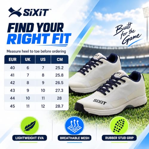 Image of Sixit SeamTech Cricket Shoes for Men, Lightweight Breathable Air Mesh, EVA Cushioning and Rubber Stud Grip