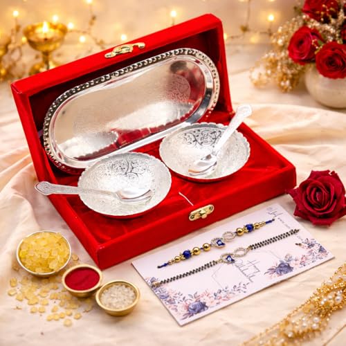 Image of Jaipur Ace Rakhi Gift Hamper for Bhaiya Bhabhi with Silver Plated Bowl Set, Pooja Thali, 2 Designer Rakhis, Roli Chawal, Raksha Bandhan Gift Set for Brother Bhabhi, Premium Rakhi Combo with Red Velvet Box