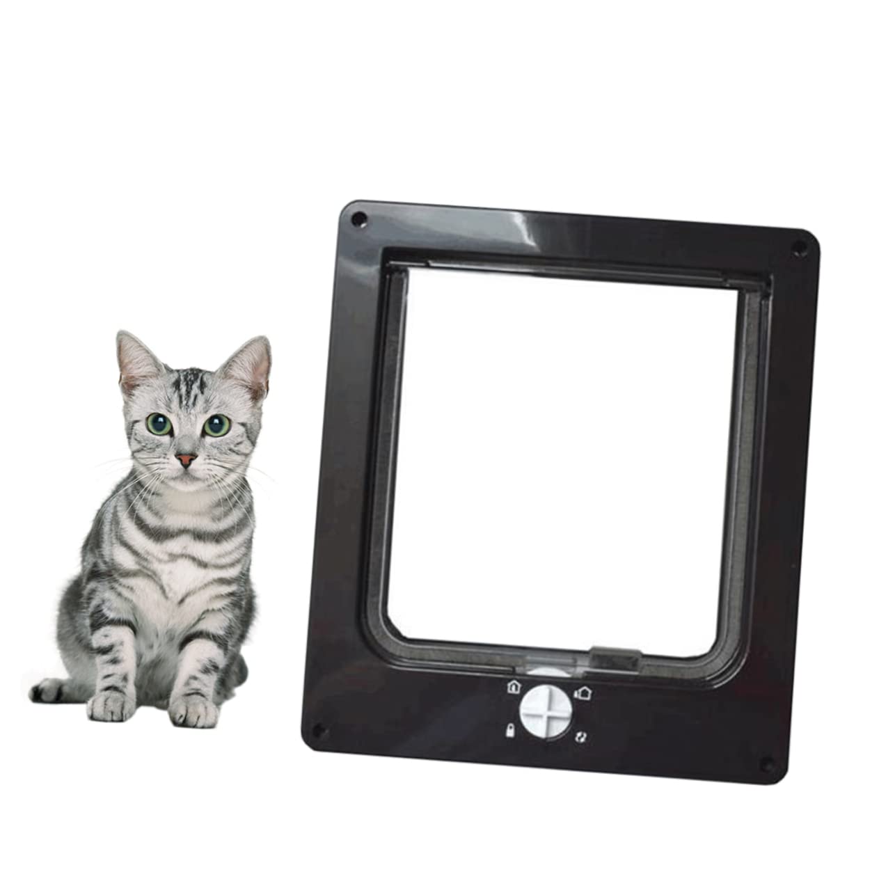 Chatière Rotative Contrôlable pour Entrée et Sortie du Chat, Noire | Abs, Brosse Silencieuse Incluse, pour Chaton, Ouverture Directionnelle, Accessoire Compatible Intérieur