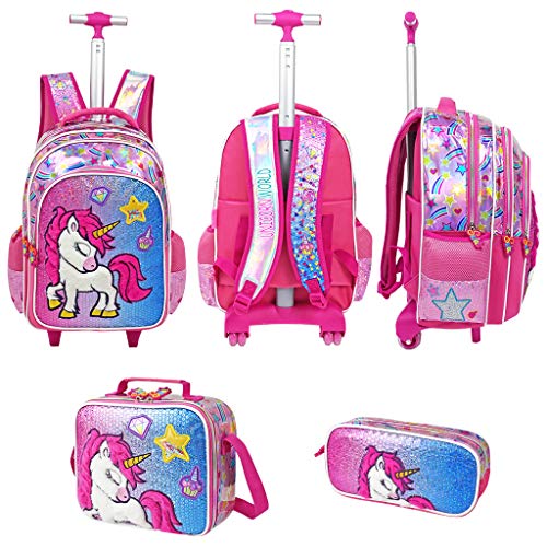 Mochilas Escolares con Ruedas Unicornio Niña, Mochila Lentejuelas Niños  Bolsa Trolley Ruedas con Bolsa de Almuerzo