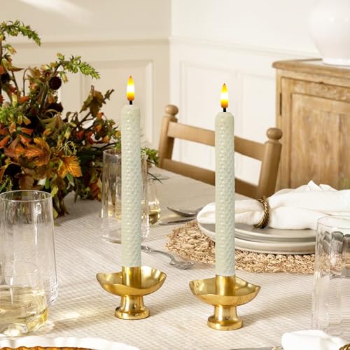 Image of Beeswax Honeycomb Flameless LED Taper Candles, 9.5 Inch Flickering Wax Candles with Remote & Timer, White Battery Operated Dripless Tapered Candle for Home Wedding Decor, 4 Pack