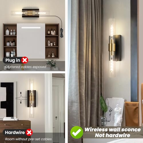 Image of Wall Sconce Set of Two, Battery Operated Wall Sconce, Rechargeable Wall Lamp with Remote, Indoor Non-Hardwired Wall Sconces, Modern Vanity Light for Bedroom, Hallway, Aisle