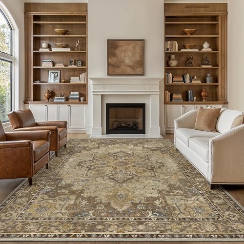 GENIMO 6x9 Area Rugs for Living Room, Machine Washable Non Slip Vintage Rugs, Low Pile Lightweight Chenille Print Rug for Bedroom, Dining Room, Home Office, Rustic Brown