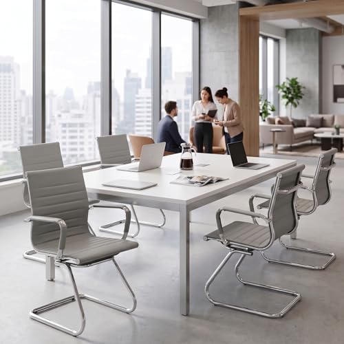 Image of HNY Leather Office Guest Chairs & Reception Chairs Set of 4, Modern Waiting Room Chairs with Arms, Desk Chair no Wheels with Sled Base for Waiting Room /Conference Room, Grey