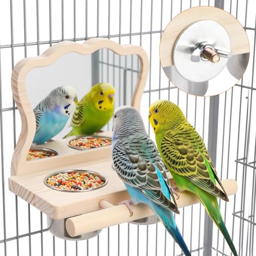 SMICEM Bird Perch Platform Toy with Mirror Standing Rack & Stainless Steel Bowl - Wooden Play & Exercise Gym Stand Cage Accessory for Cockatoos Lovebirds Budgies Pacific Parrotlets & Canaries
