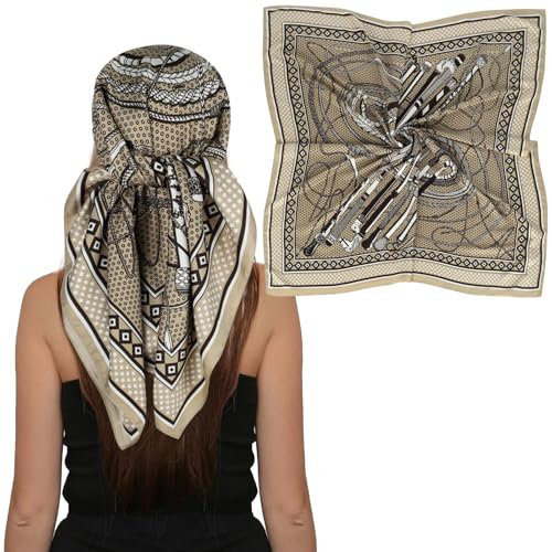 EXTREE Women's 35 inch Fashion Headscarf Silk Satin Scarf for Hair Wrapping at Night Bandana Square Scarf for Sleeping Alphabet Carriage Black
