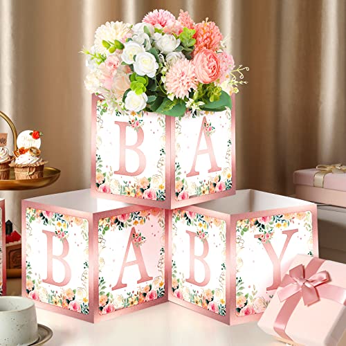 Image of Bucherry 6 Pcs Baby Shower Centerpiece Boxes with 'Baby' Letters Flower Boxes Tables Decoration for Girl Baby Shower, Birthday, Gender Reveal Party Favors(Pink,Pink Floral)