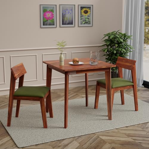 Image of DRIFTINGWOOD Liana 2-Seater Sheesham Wood Dining Table Set � in Natural Honey Finish with Table & 2 Cushioned Chairs � Ideal for Small Kitchens & Compact Living Spaces � Assembly Required (Green)