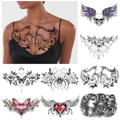 13 Sheet Large Chest Underboob Temporary Tattoos for Adult, 8PCS Sexy Abdomen Back Waist Flower...