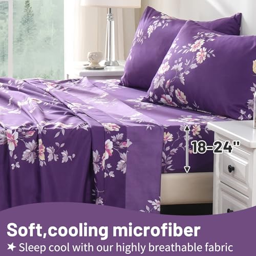Bedlifes King Size Extra Deep Pocket Sheet Sets - Fits Mattresses Up to 18-24" Thick, 4-Piece Microfiber Set with 1800 Thread Count, Soft, Smooth, Breathable, Featuring Dark Purple Floral