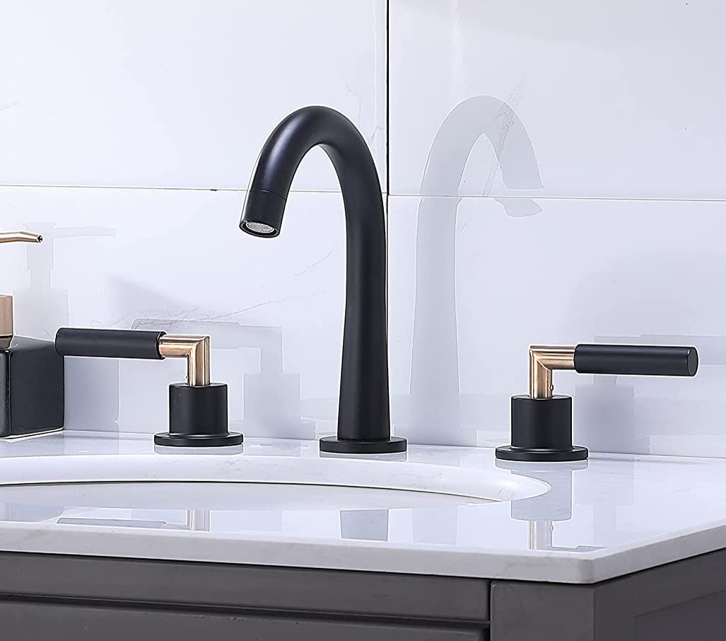 KINGO HOME Widespread Matte Black Bathroom Faucet 3 Holes, Gold and Black Bathroom Faucet 3 Holes Faucet for Bathroom Sink Vanity Faucet with Pop Up Drain and Water Hoses