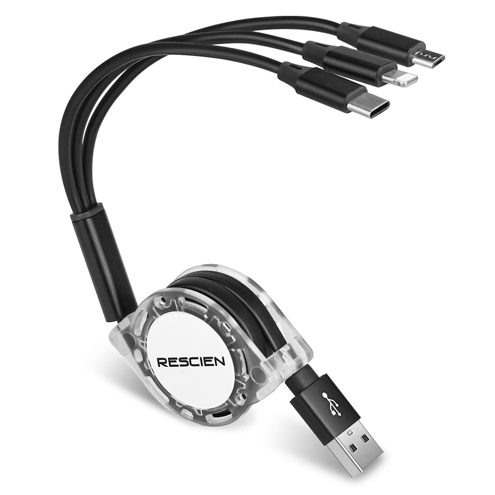 RESCIEN 3 in 1 Multi Charger Cable 1M Retractable Charging Cord Adapter with Phone Type C Micro USB Port Connectors Fast Charge Compatible with Cell Phones (Black)