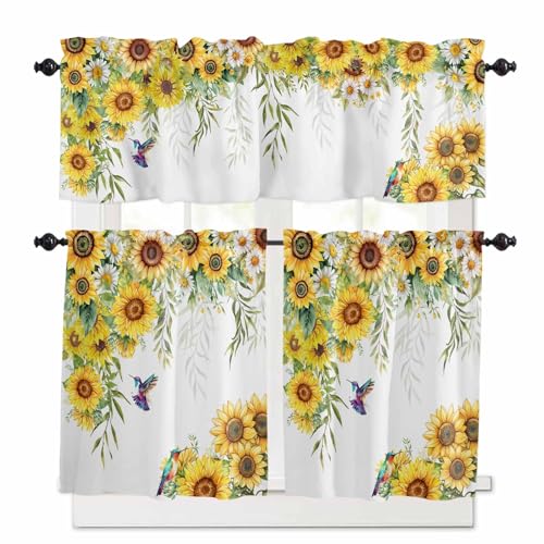 Kitchen Curtains and Valances Set, Spring Sunflowers Rod Pocket Curtains Tier Farmhouse Window Treatment 36 Inch Length, Birds Watercolor Botanical Garden Floral 3 Piece Kitchen Curtain Set