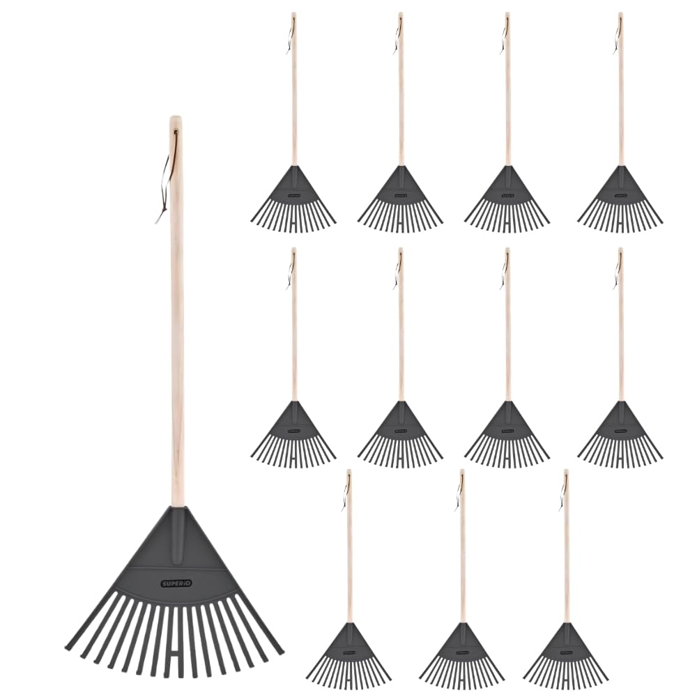 Superio Kids Leaf Rake, 34-Inch Lawn Rake with Hardwood Handle &amp; Durable Plastic Head for Yard, Garden &amp; Leaf Cleanup, Gray, 12 Pack
