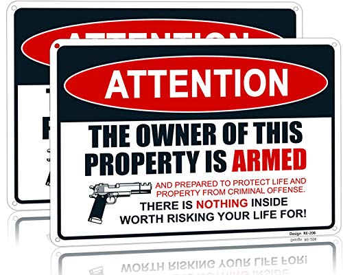 Security Signs Attention Owner Armed Warning Sign 14x10 inch UV-Printed Aluminum Security Notice Durable Property Protection & Intruder Alert Visible & Weather-Resistant for Outdoor Use (2-Pack)