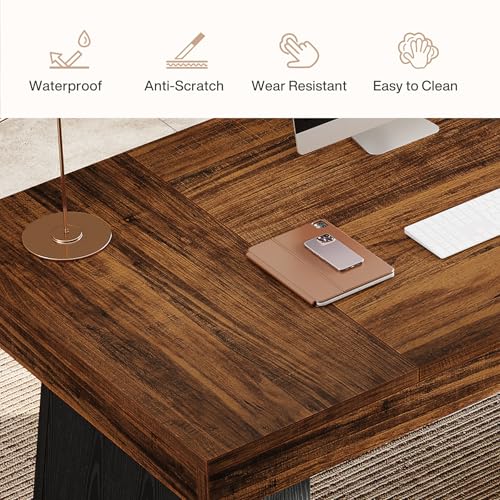 Image of Tribesigns 55-Inch Executive Desk, Large Wood Office Computer Desk with Double Pedestal, Modern Minimalist Workstations Writing Table Conference Table Furniture for Home Office, Walnut&Black