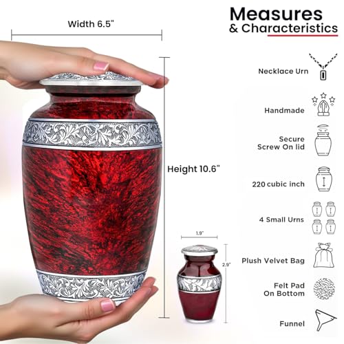 Image of Red Urn Sets of 6 Funeral & Cremation Urns for Human Ashes Adult Man or Woman | 1 Large Red Urns for Human Ashes Adult Female with an Ash Necklace & 4 Small Urns for Family Sharing