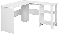 Vista 9 de Tangkula Escritorio blanco en forma de L con estantes de almacenamiento, escritorio de computadora de esquina de madera, estación de trabajo