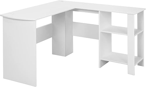 Miniatura 9 de Tangkula Escritorio blanco en forma de L con estantes de almacenamiento, escritorio de computadora de esquina de madera, estación de trabajo de