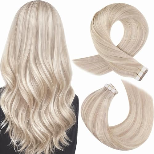 Image of Moresoo Blonde Tape in Hair Extensions Human Hair Ash Blonde 10in 20Pcs 30g | Human hair tape in extensions, ash blonde base, platinum ribbons, flat tabs, short length for bob and daily styling
