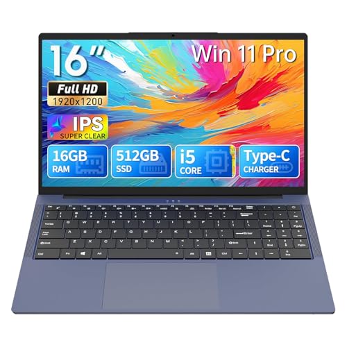2026 Laptop, 16’’ Laptop Computer with Core i5-8210Y Processor(Up to 3.60 GHz ), 16GB RAM 512GB SSD, FHD 1920*1200, Backlit Keyboard , 180°Opening, Type-C, WiFi 5, BT 5.0, Lap Top for Business Student