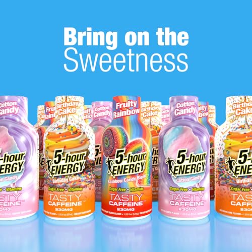 Image of 5-hour ENERGY VARIETY PACK Cotton Candy, Birthday Cake & Fruity Rainbow Flavors, 30 Count, 1.93 Fl Oz Energy Shot, Extra Strength, Amino Acids, B Vitamins, Sugar Free and Zero Calories