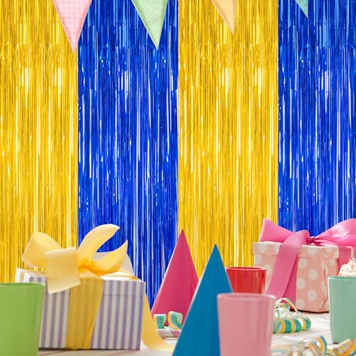 Image of ZATAYE 2 Pack Blue Gold New Years Eve Foil Curtain Streamer Decorations | Blue Gold, Metallic Foil, 3.28 x 7.05 FT, Tinsel Backdrop, Foil Curtain Streamer, New Years Eve Party