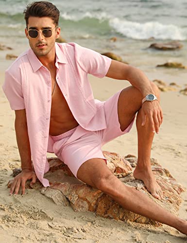 LecGee Linen Sets For Men Button Down Cuban Guayabera Shirt Shorts Set 2 Piece Linen Outfits4