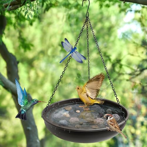 Image of Hanging Bird Bath for Outside,11 inch Metal Bird Feeder Birdbath Bowl with 13.5 inch Rust-Proof Black Chains for Garden Backyard Decor with Magnetic Dragonfly Decor Dark Curry