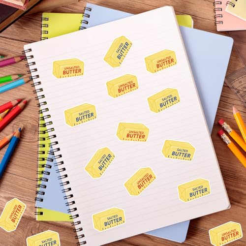 Image of Funny Butter Sticker Roll - 2 Rolls Salted Unsalted Butter Design Waterproof Vinyl Self Adhesive with Clear Printing for Laptop Water Bottle Scrapbook Kitchen Decor Food Lover Craft Gift