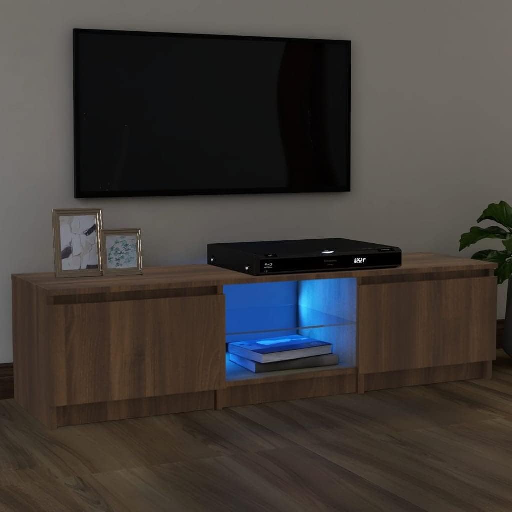 VidaXL TV stand with blue LED lighting activated in the central compartment, displaying a modern aesthetic.