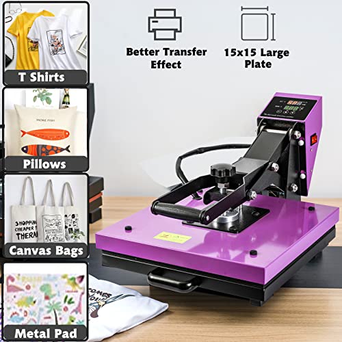 Heat Press 15X15 T Shirt Heat Press Machine With Digital Controller Sublimation Transfer Machine Industrial Home Use Heat Printing Machine For T-Shirt, Mouse Pad, Canvas Bags, Banner, Purple #TOP2