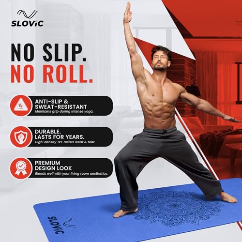 Image of Slovic Yoga Mat for Woman [6 MM] | TPE Yoga Mat for Man | Anti-Slip Exercise Mat for Home Workout & Home Gym | Durable & Lightweight Gym Mats for Floor With Cover Bag | Navy Blue