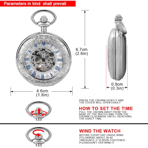 Image of Mens Pocket Watch Skeleton Mechanical Hand Winding Half Hunter Silver Black Golden Case Roman Numerals with Gift Box