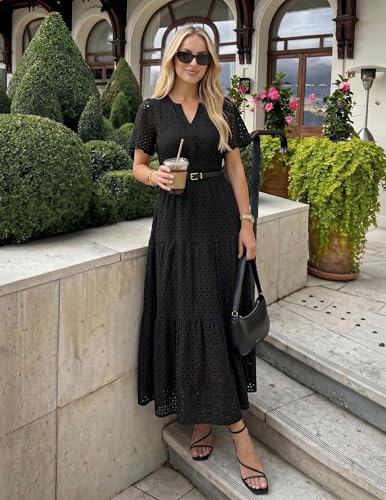 Image of ZESICA Women's 2026 Summer Short Sleeve Maxi Dress Casual V Neck Hollow Out Eyelet Ruffle Swing A Line Long Dresses