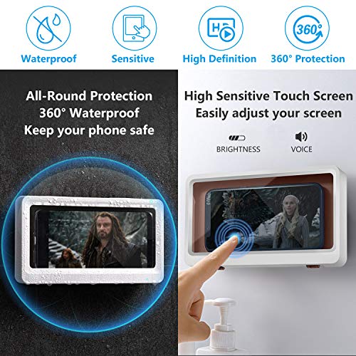 Shower Phone Holder Waterproof Anti-Fog Touch Screen Wall Mount Adhesive Phone Box Case for Shower Kitchen Bathroom Mirror Bathtub (White)