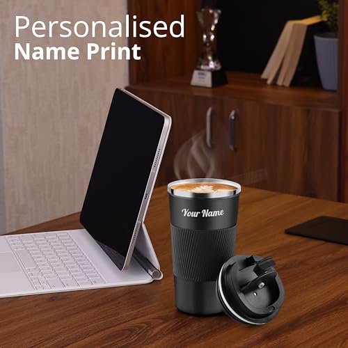 Image of CORPORATE PORIUM Personalised Tumbler with lid 510ml, Double Wall Insulated Stainless Steel Tumbler Bottle Diwali Item, Hot and Cold Travel Coffee Mug for Office, Home and Travel -Black