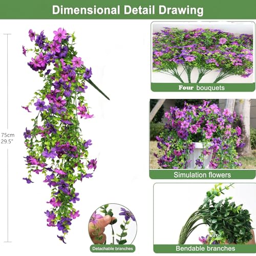 Obmnor Artificial Hanging Flowers, 4 Pack, Double Purple - image 3