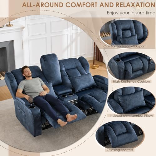 Image of SAMERY 67' RV Loveseat Recliner Sofa, Linen, Wall Hugger, 2 Seats, 350 lbs, Blue, Manual Reclining Home Theater Seating