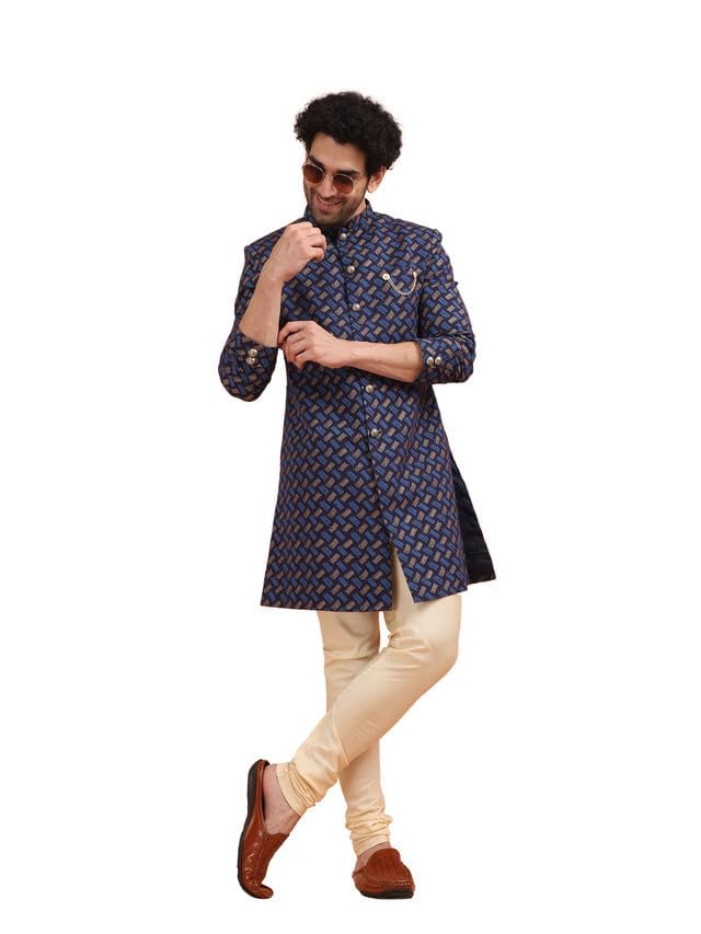 Men Navy Blue Printed Indowestern Sherwani Churidar Set with Abstract-image-41
